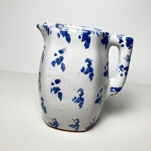Bybee Pottery Pitcher Creamer 6in White Blue Spongeware Vintage Kentucky BB